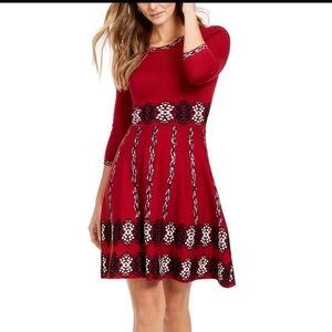 Taylor Red Black Jacquard Fit and Flare Sweater Dress Size Medium